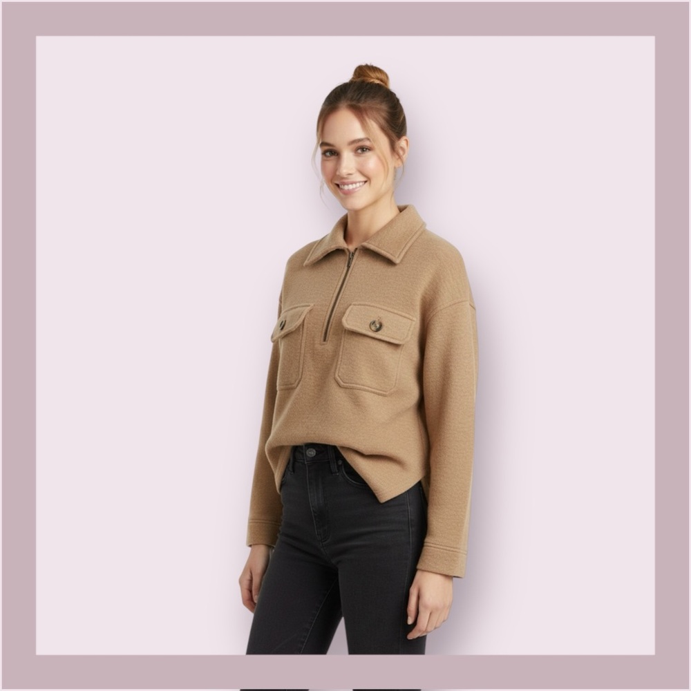 Madewell Heather Toffee Boiled Wool Half Zip Pullover Sweater